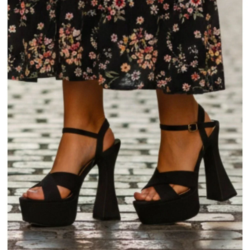 Black Platform High Heel Sandals With Ankle Strap - Picture 1 of 8